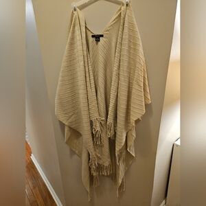 Cejon Poncho Blanket Wrap with Fringes Ivory Winter White